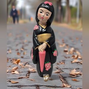 Japenese Girl On Walk With Her Umbrella Figurine Pottery Black Kimono With Pink